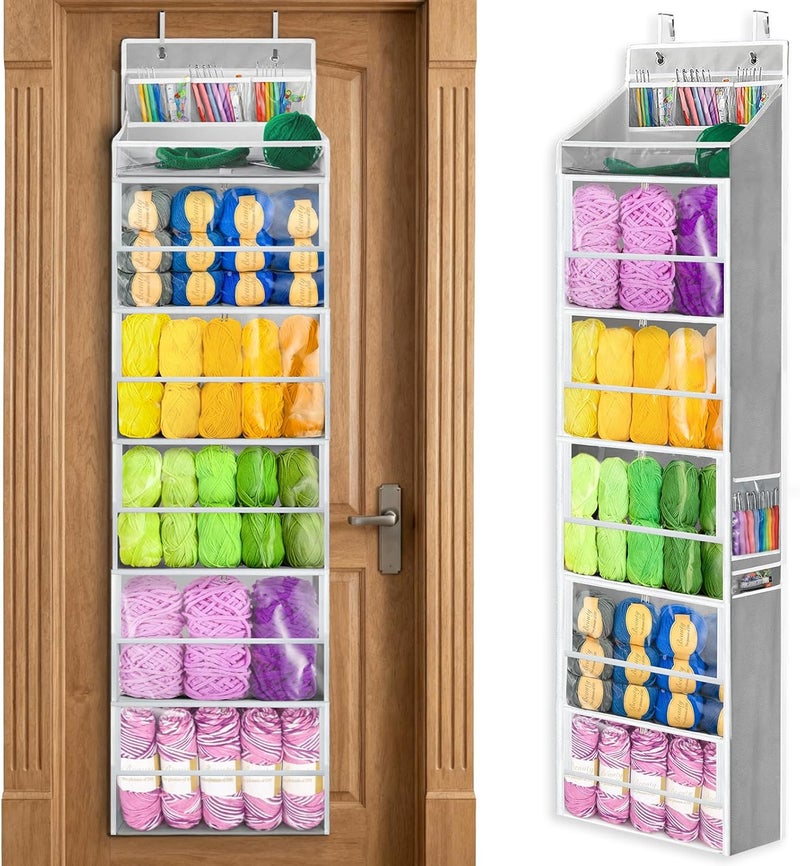 Yncotte Yarn Storage Organizer, Grey Yarn Holder Over the Door Hanging Crochet Kit Storage with 5 Zippered Compartments, Large Capacity Sewing Organizer Gifts for Knitters Needles Crochet Hooks - Image 1